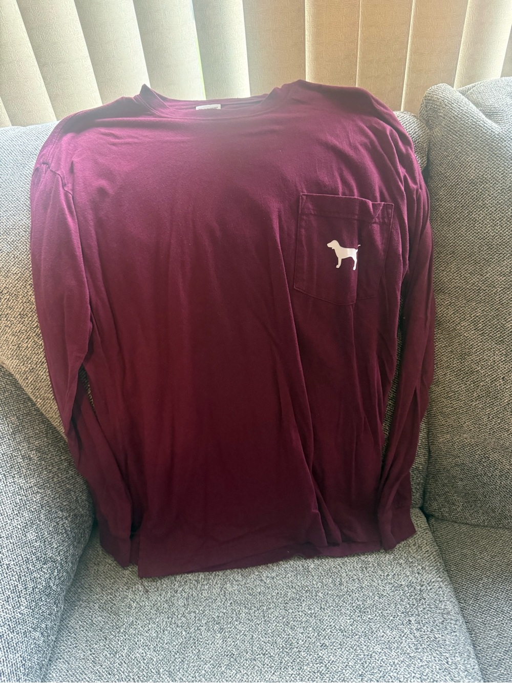 PINK Victoria's Secret Men's Long-Sleeve Pocket Tee - Maroon with White Dog Logo